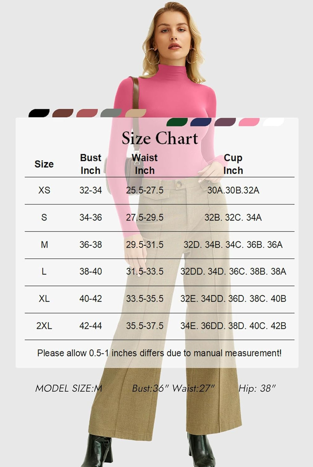 Pink high neck bodysuit shapewear with size chart for XS-2XL; model size M, bust 36", waist 27".