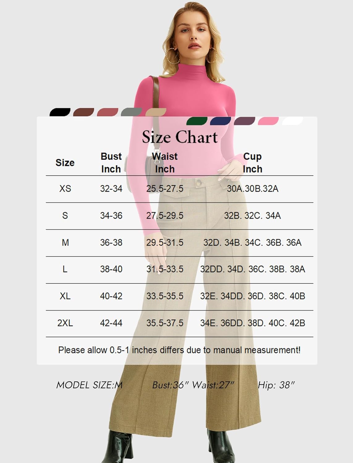 Pink high neck bodysuit shapewear with size chart for XS-2XL; model size M, bust 36", waist 27".