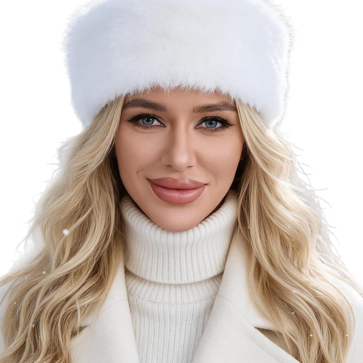 Faux fur headband with elastic, white winter ear warmer for women