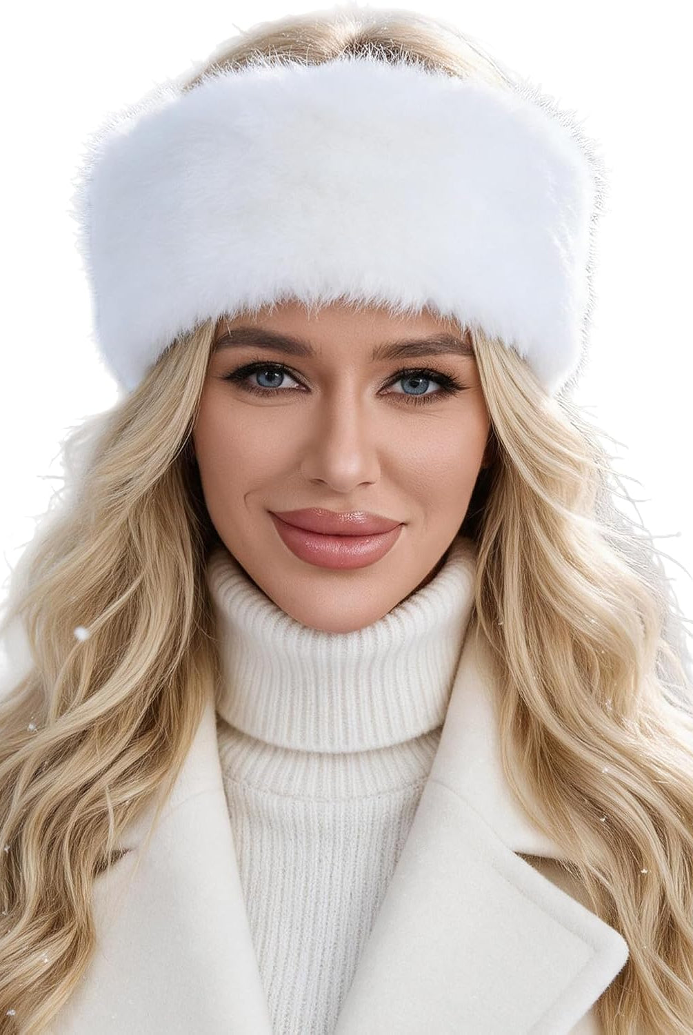 Faux fur headband with elastic, white winter ear warmer for women