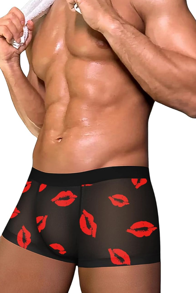 Men's black mesh boxer briefs with red lip print and contoured pouch