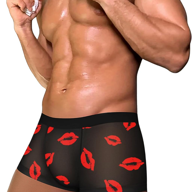 Men's black mesh boxer briefs with red lip print and contoured pouch