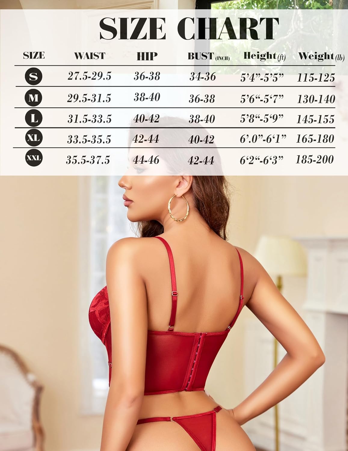 Red lace corset tank top and thong set with size chart, sexy lingerie, Avidlove