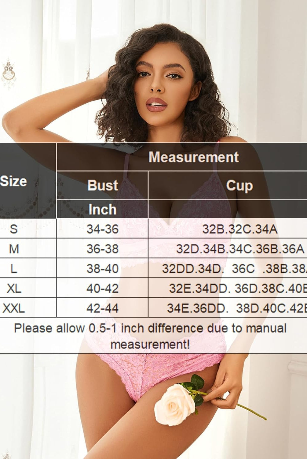 Pink lace bralette and underwear set with size chart, wireless and non-padded lingerie for women