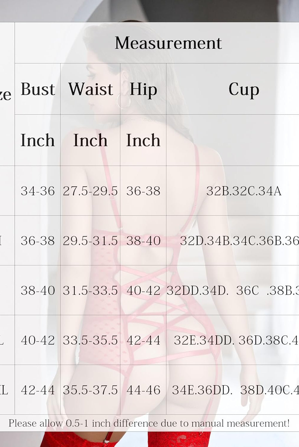 Mesh chemise garter set size chart: bust, waist, hip, cup measurements for sexy lingerie, S-XXL.