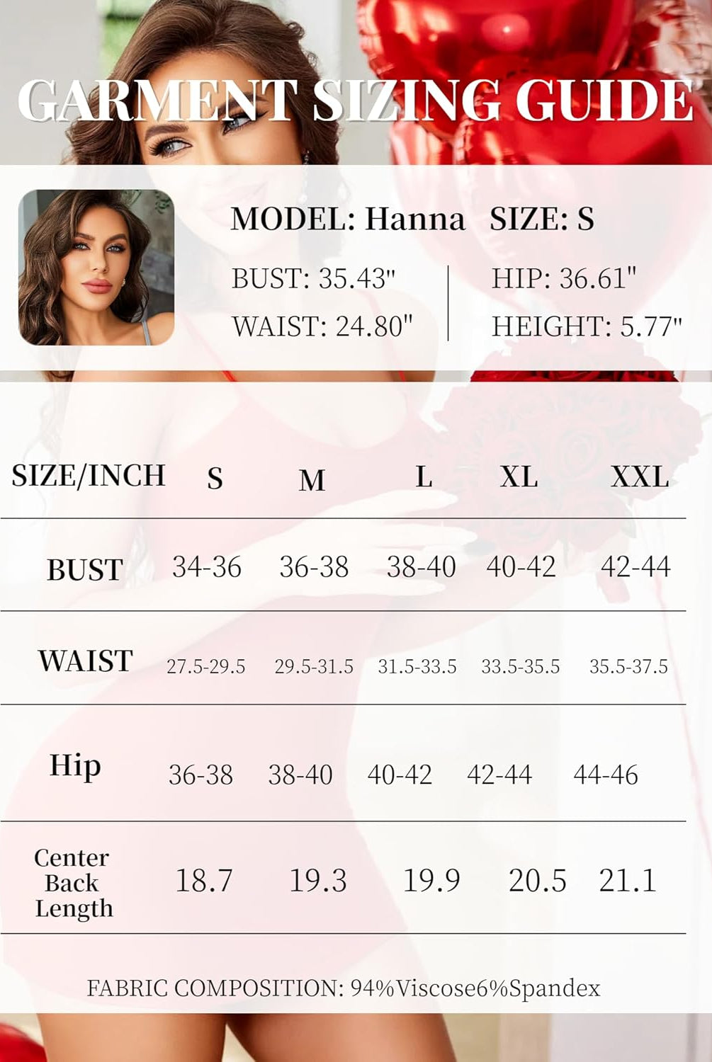 Lingerie size guide with model measurements and fabric details: 94% Viscose, 6% Spandex.