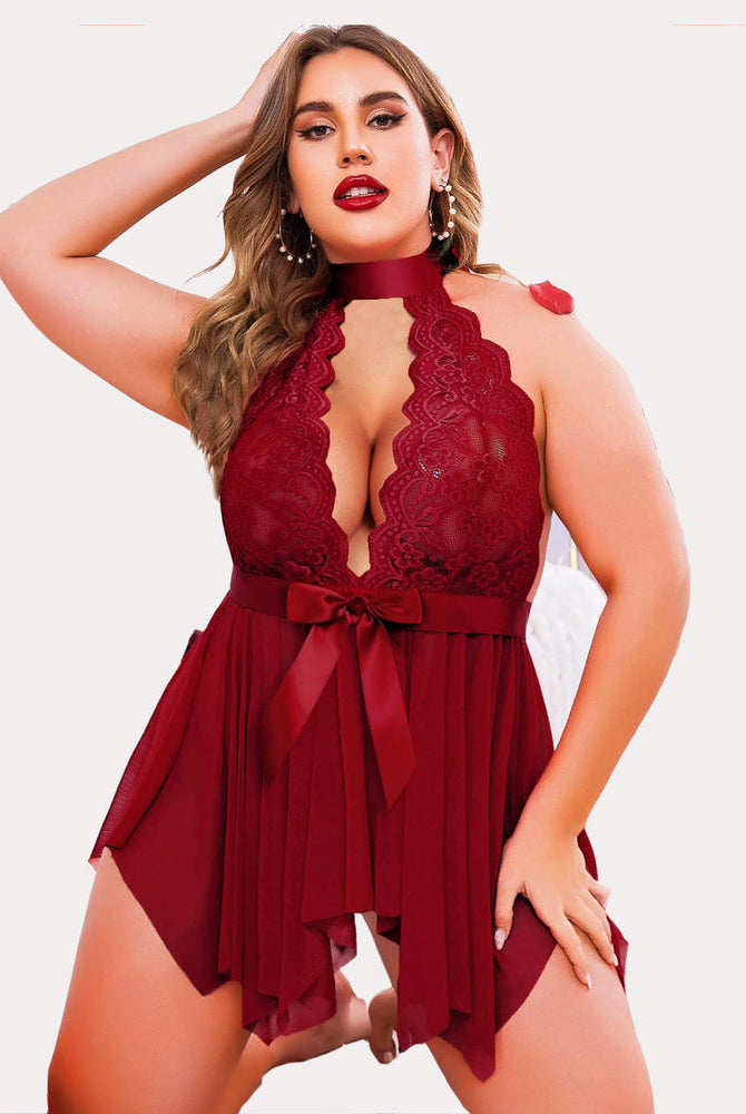 Plus size burgundy lace babydoll with halter neck, bow, and sheer skirt. Romantic and sensual