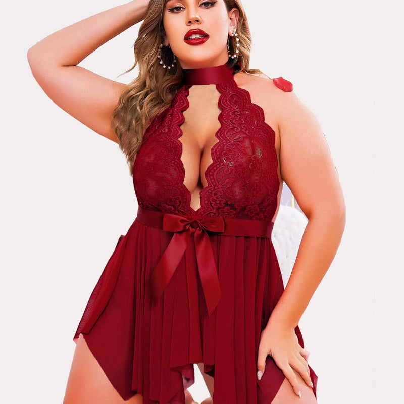 Plus size burgundy lace babydoll lingerie with halter neck and satin bow
