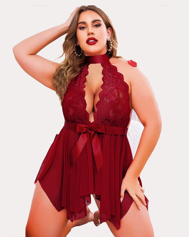 Plus size burgundy lace babydoll lingerie with halter neck and satin bow