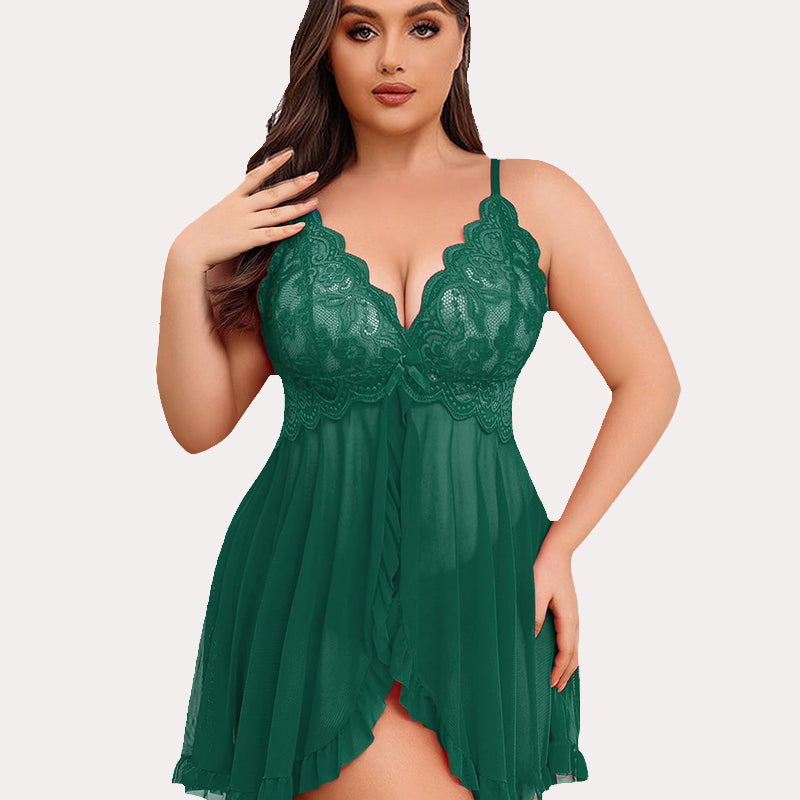Plus Size Green Lace Babydoll Lingerie Set - Deep V-neck, Adjustable Straps, Sexy