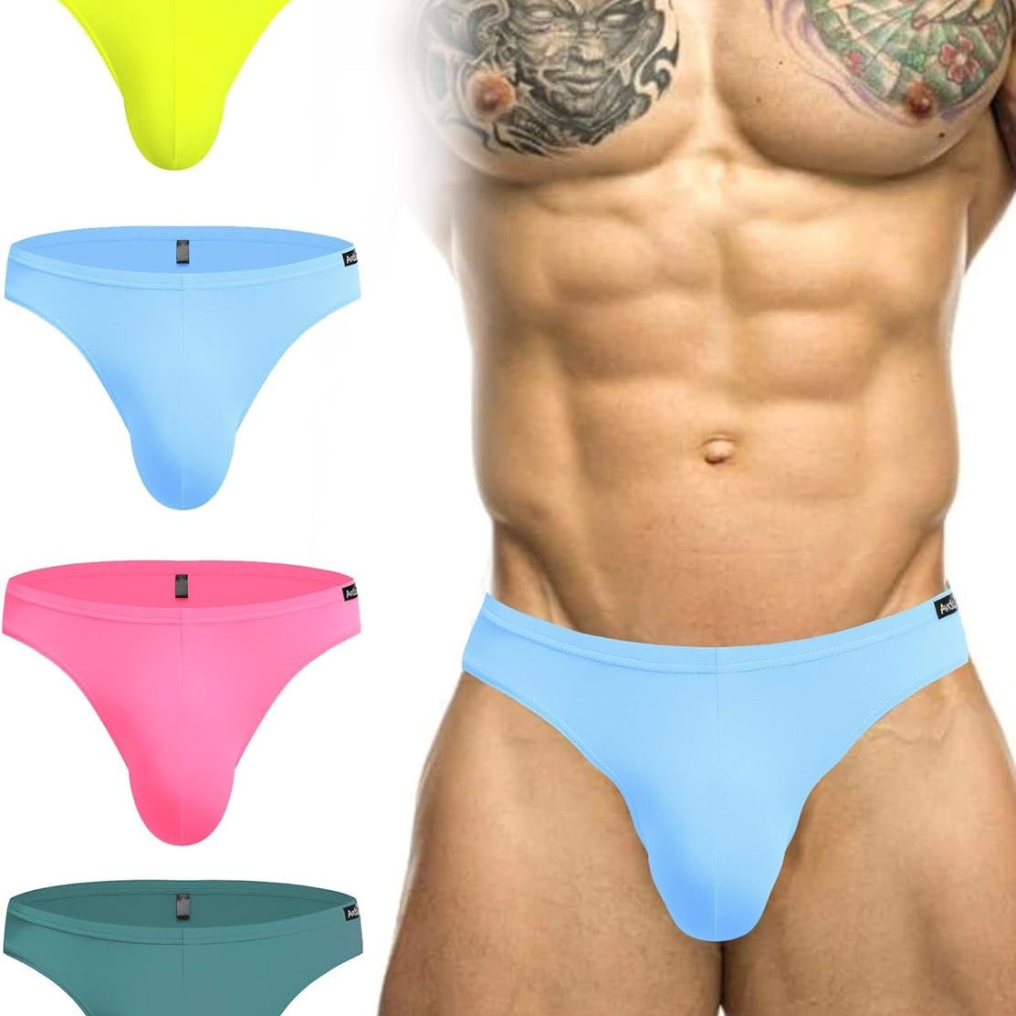 Men's low-rise hip briefs, neon yellow, blue, pink, teal