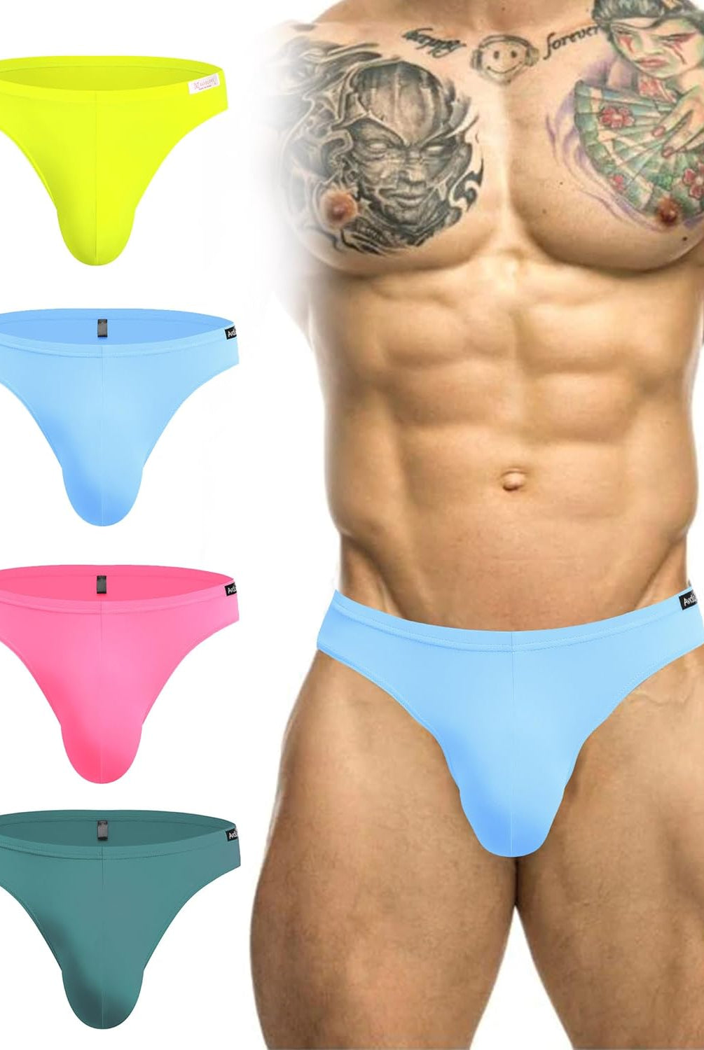Men's low-rise hip briefs, neon yellow, blue, pink, teal