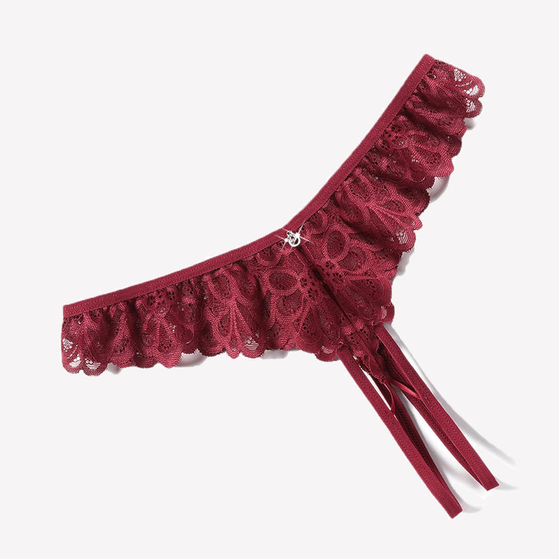 Burgundy lace thong briefs with criss-cross design, ruffle trim, and rhinestone details
