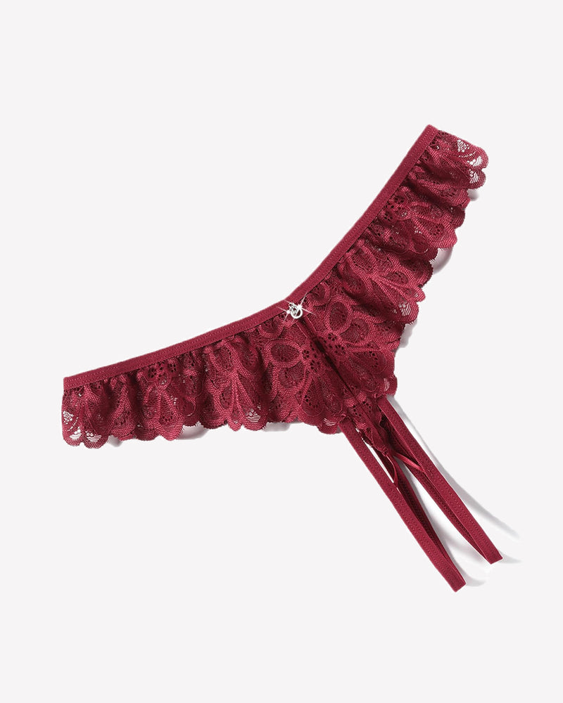 Burgundy lace thong briefs with criss-cross design, ruffle trim, and rhinestone details