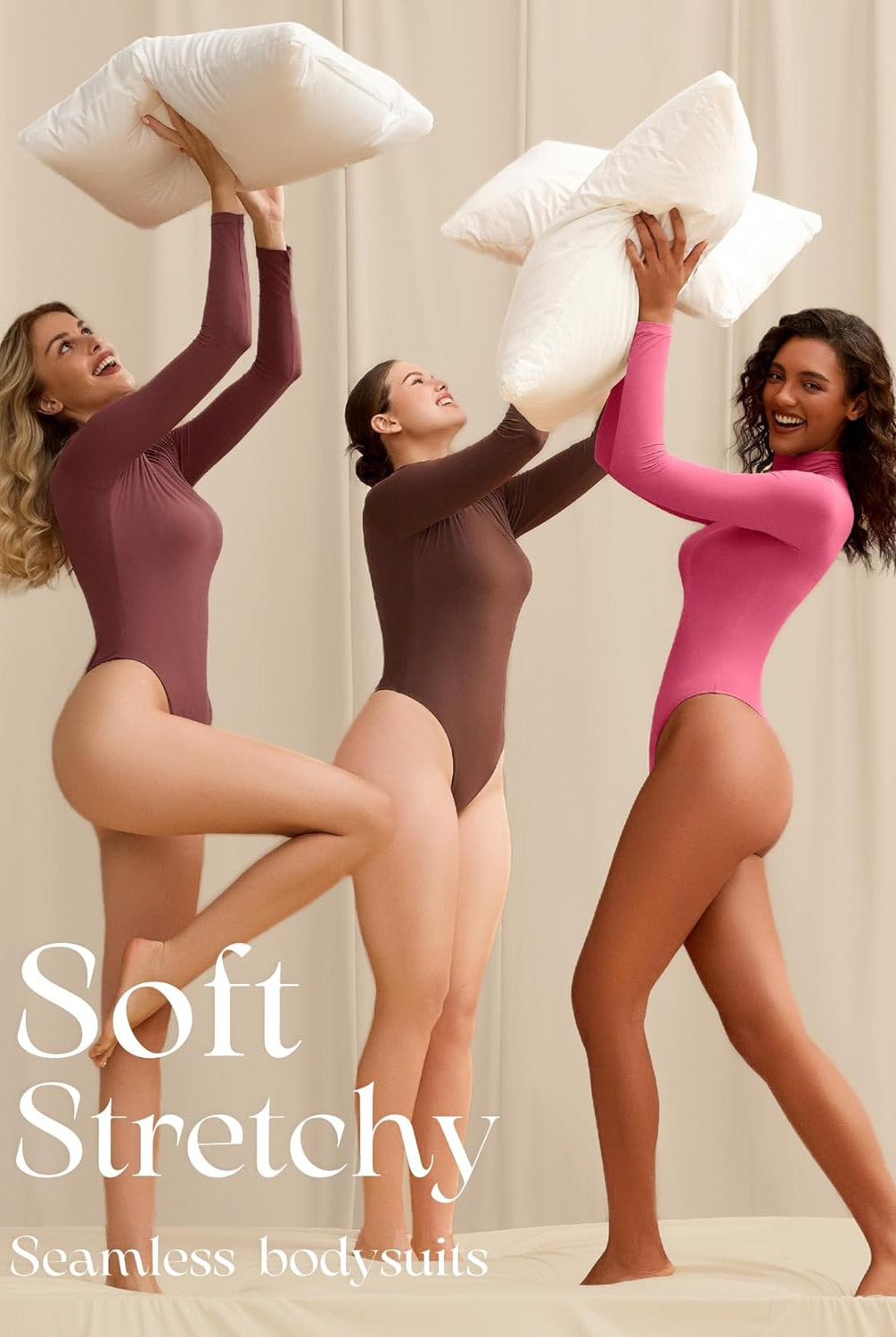 Soft Stretchy long sleeve shapewear bodysuits in burgundy, brown, and pink, seamless and comfortable