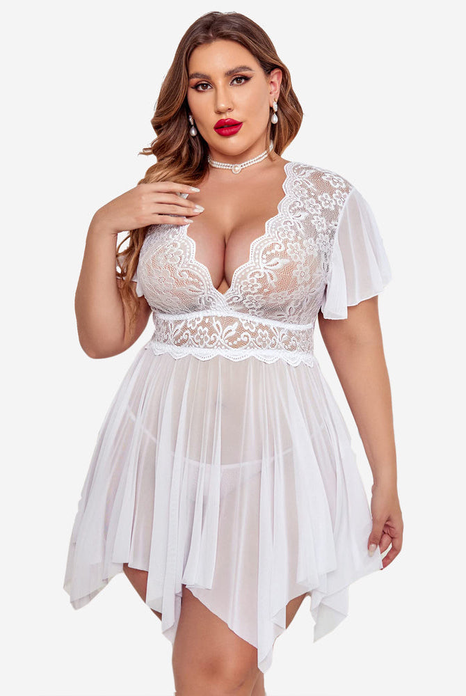 White Plus Size Babydoll Lingerie with Floral Lace, Deep V-Neck and Asymmetrical Hem
