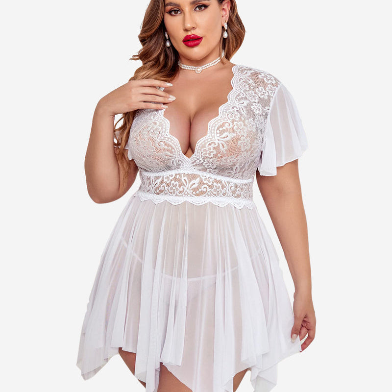 White Plus Size Babydoll Lingerie with Floral Lace, Deep V-Neck and Asymmetrical Hem