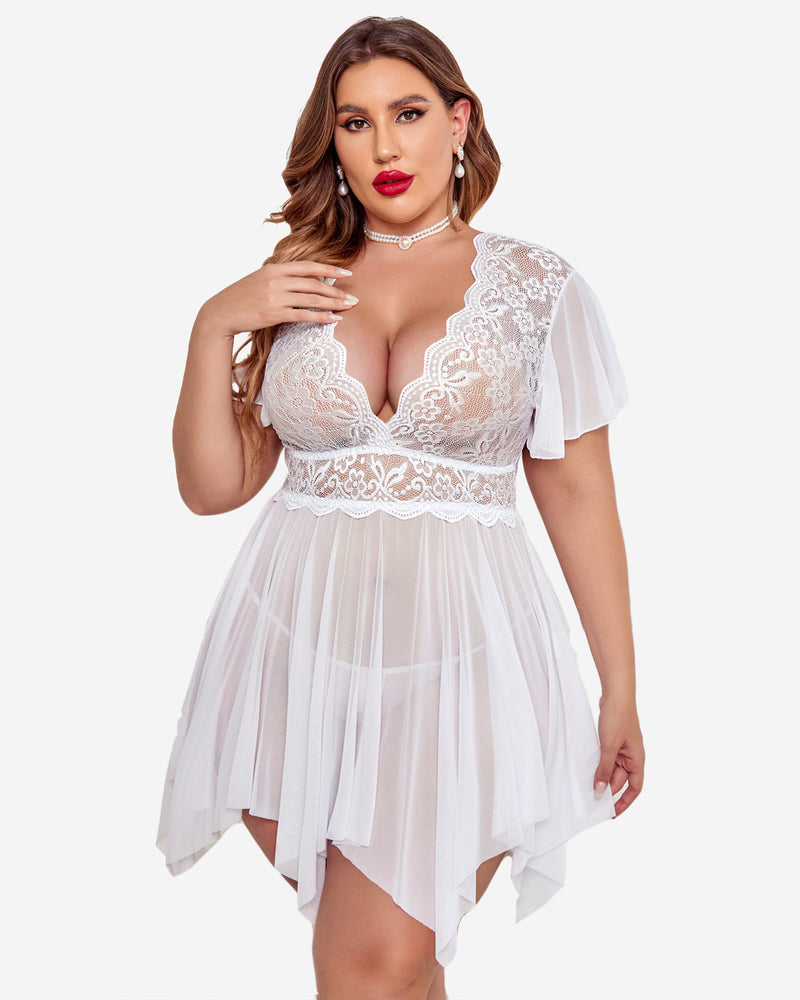 White Plus Size Babydoll Lingerie with Floral Lace, Deep V-Neck and Asymmetrical Hem