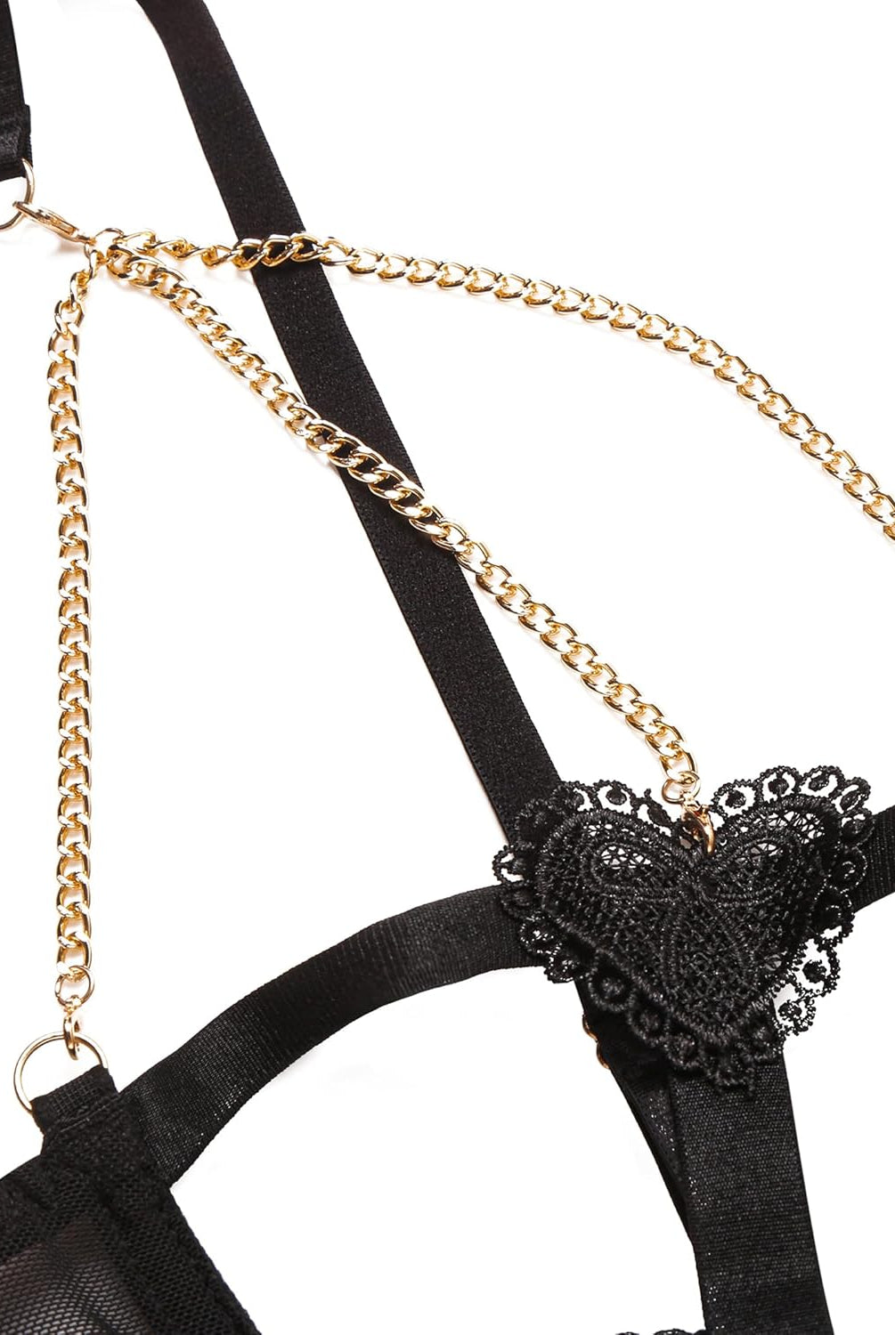Black chain heart cutout bra with gold chain details, perfect for romantic nights