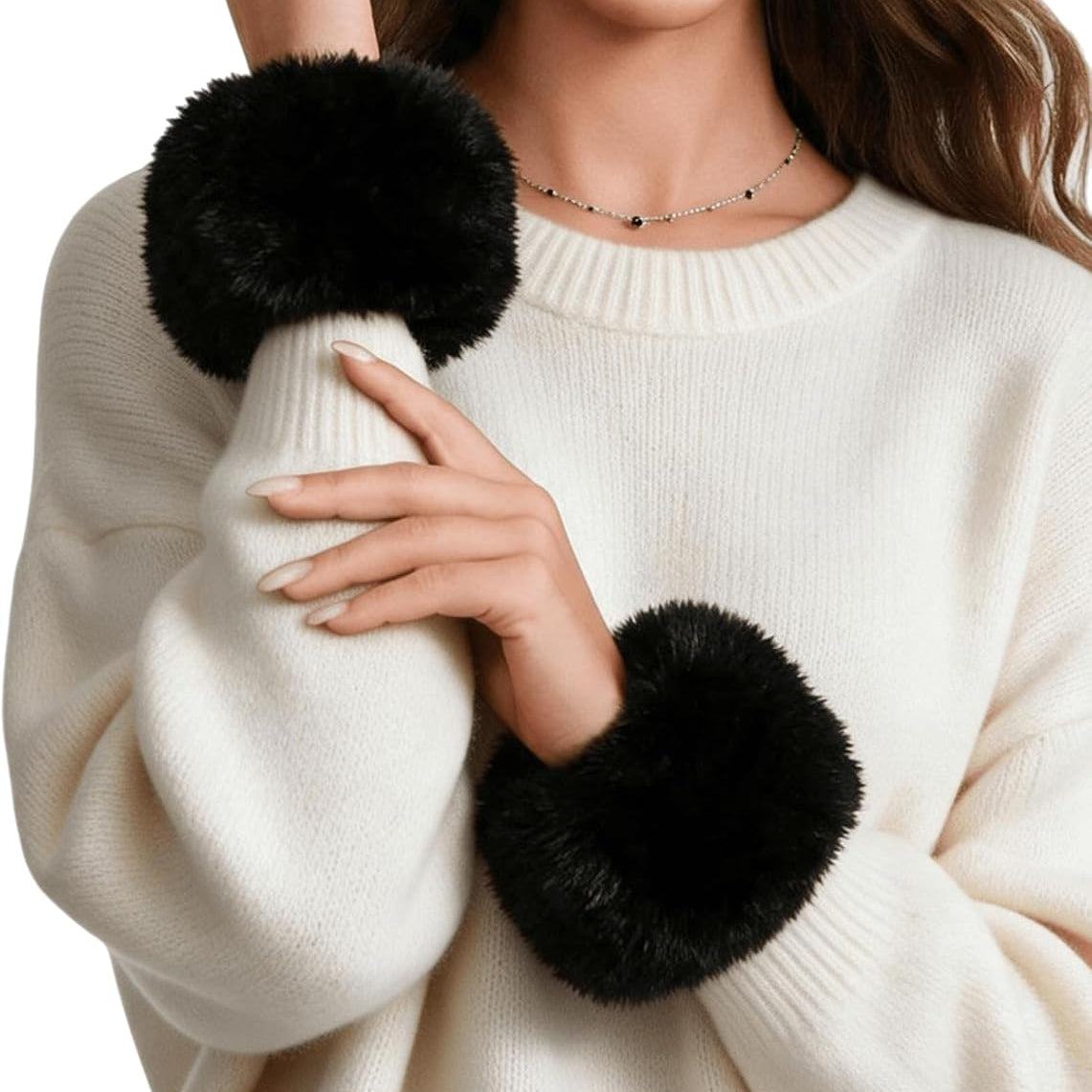Black faux fur short wrist cuff warmer, plush round cuff with soft fuzzy texture