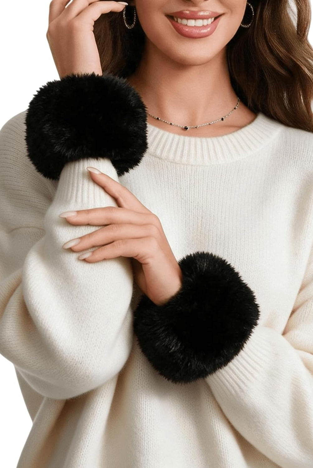 Black faux fur short wrist cuff warmer, plush round cuff with soft fuzzy texture