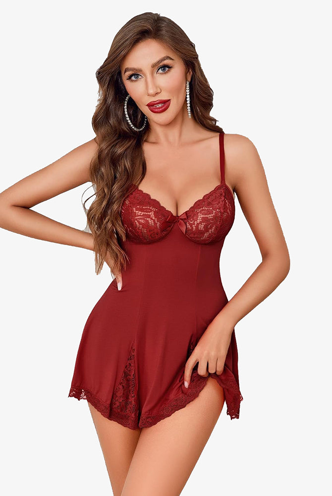 Burgundy lace chemise nighty with adjustable straps and lace details, perfect for sleepwear.