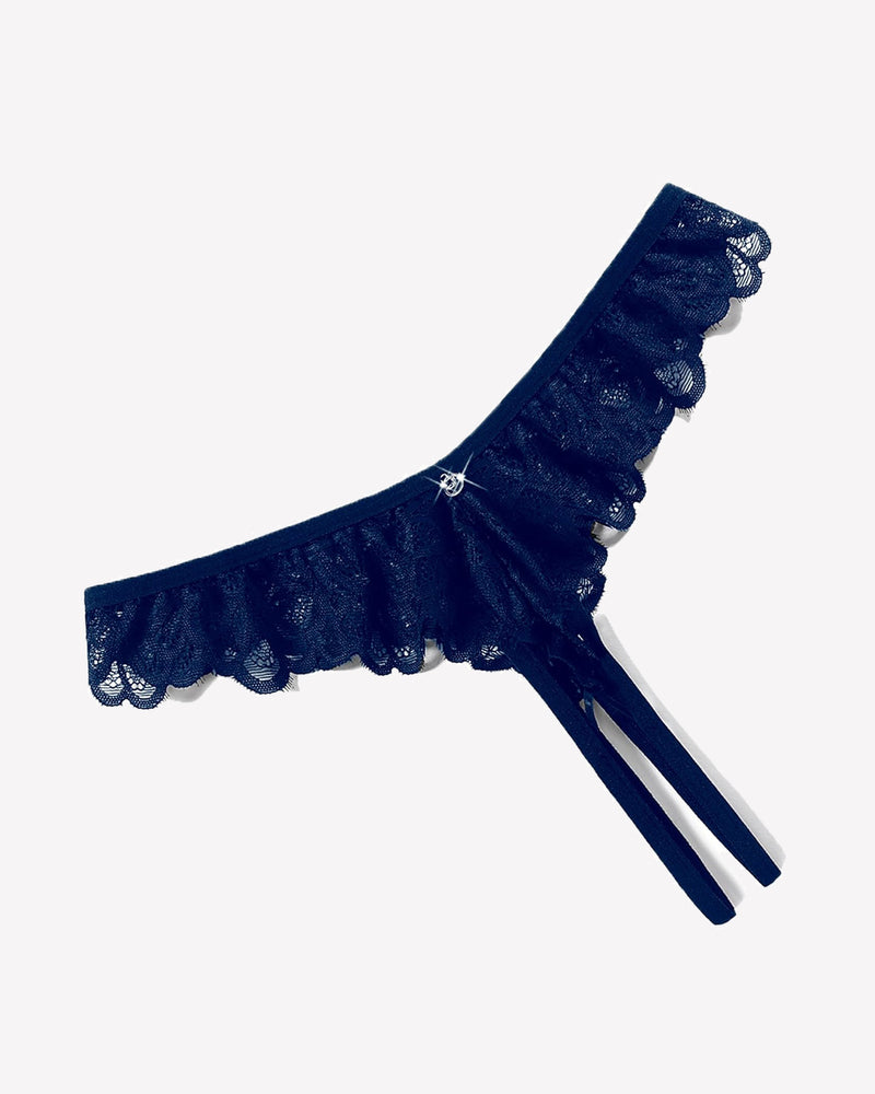 Navy lace criss-cross thong briefs with scalloped ruffle edge and side ties