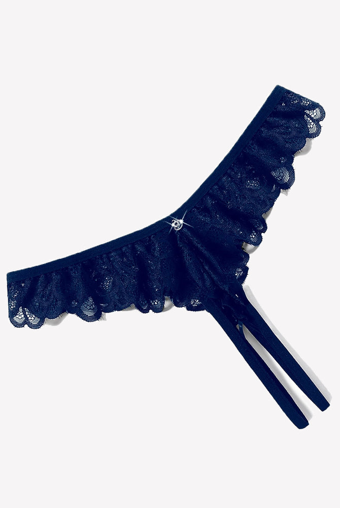 Navy lace thong briefs with criss-cross design, ruffle trim, and rhinestone embellishment.