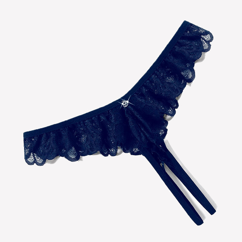 Navy lace thong briefs with criss-cross design, ruffle trim, and rhinestone embellishment.