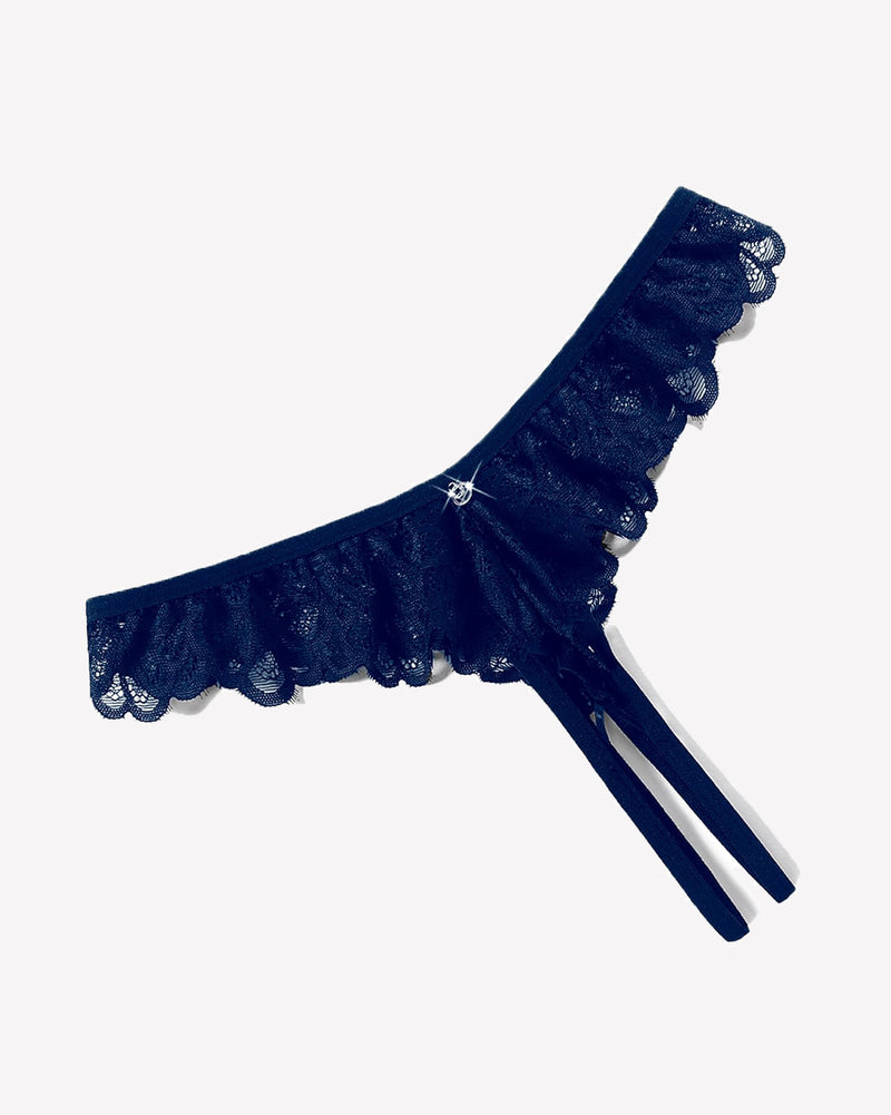 Navy lace thong briefs with criss-cross design, ruffle trim, and rhinestone embellishment.