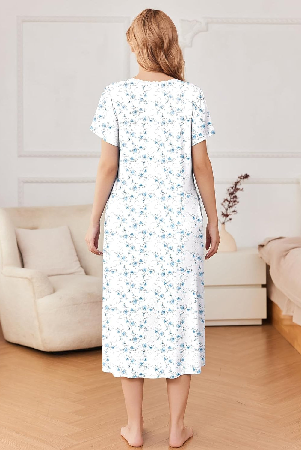 Back view blue floral short-sleeve nightdress with lace-trim neckline