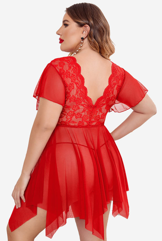 Plus size red babydoll lingerie with floral lace details and an asymmetrical hem