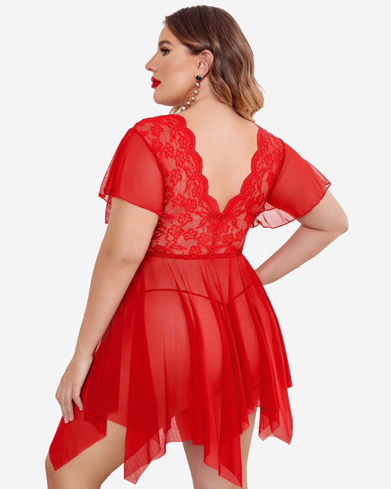 Plus size red babydoll lingerie with floral lace details and an asymmetrical hem