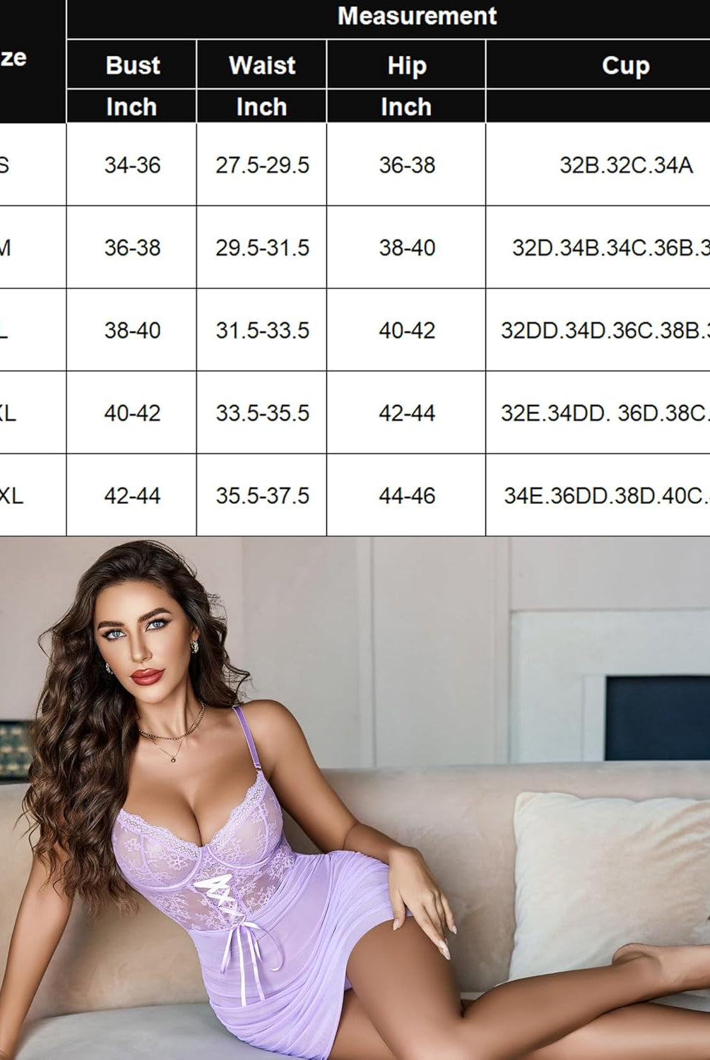 Lavender floral lace chemise with adjustable straps and mini skirt, size chart included