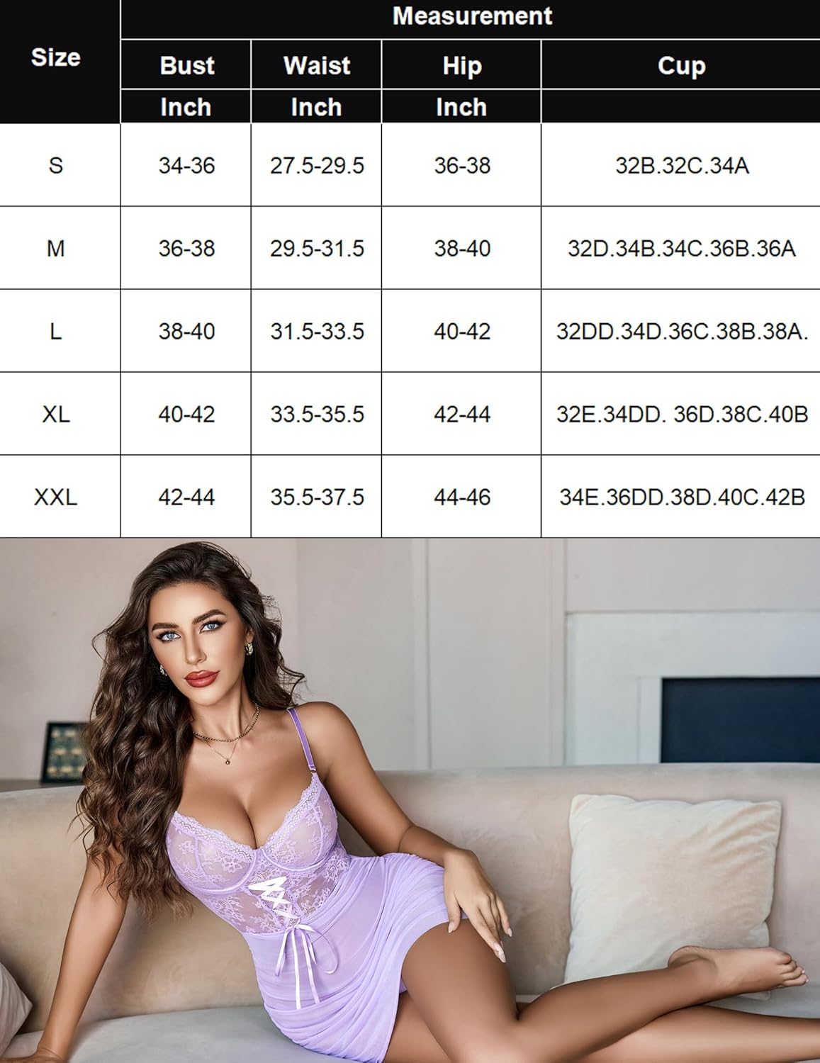 Lavender floral lace chemise with adjustable straps and mini skirt, size chart included