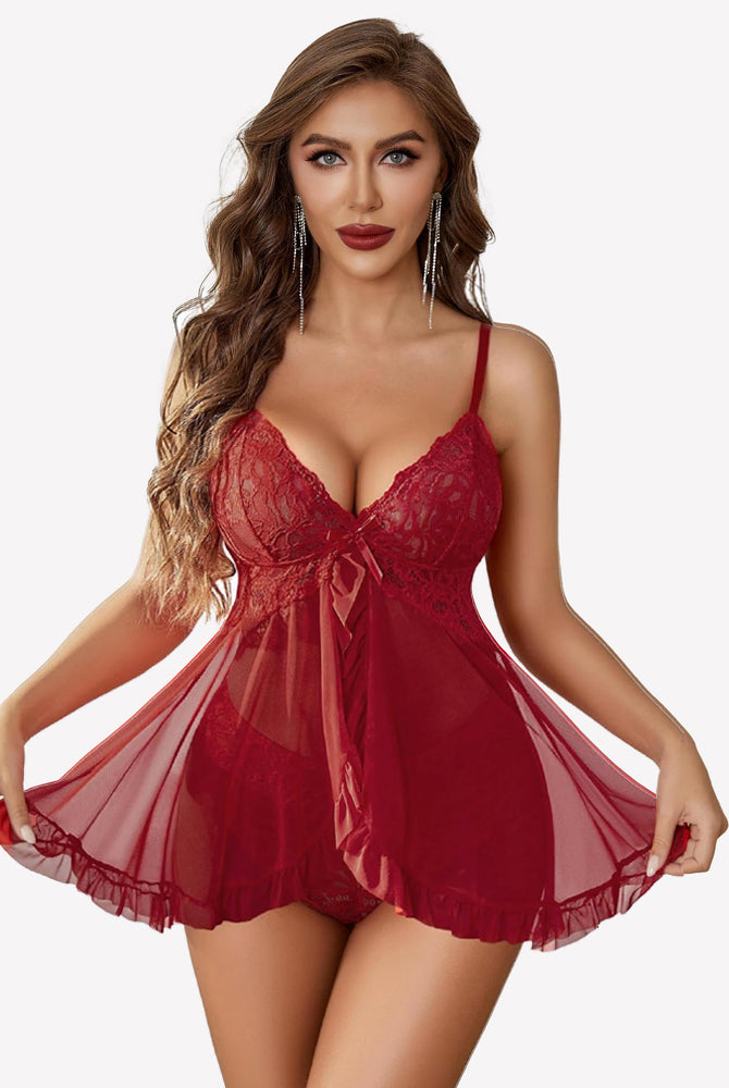 Red lace babydoll lingerie set with adjustable straps and ruffle hem, perfect for boudoir