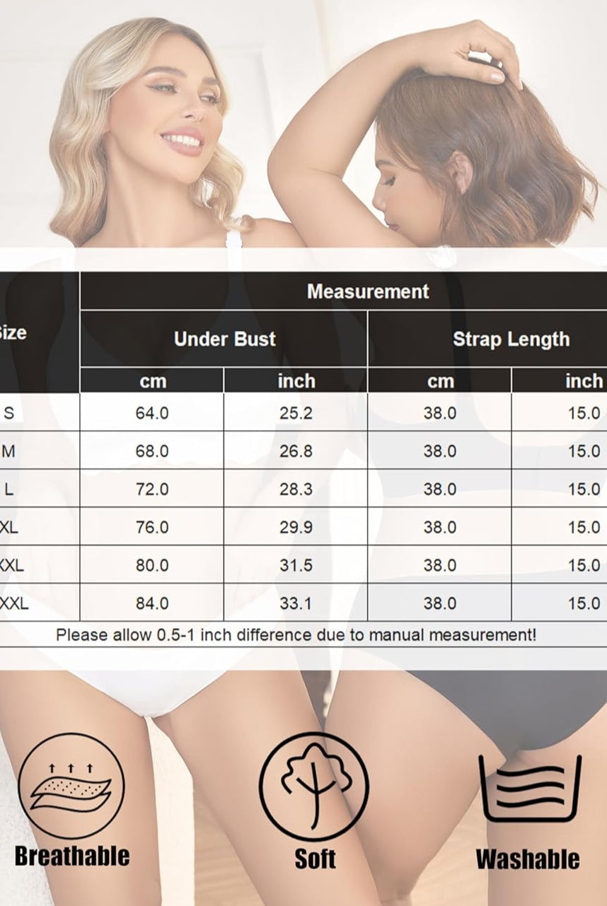 Wireless bralette bra size chart with breathable, soft, and washable features.