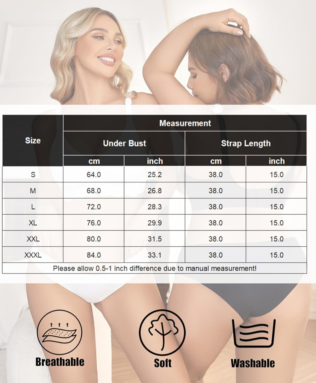 Wireless bralette bra size chart with breathable, soft, and washable features.