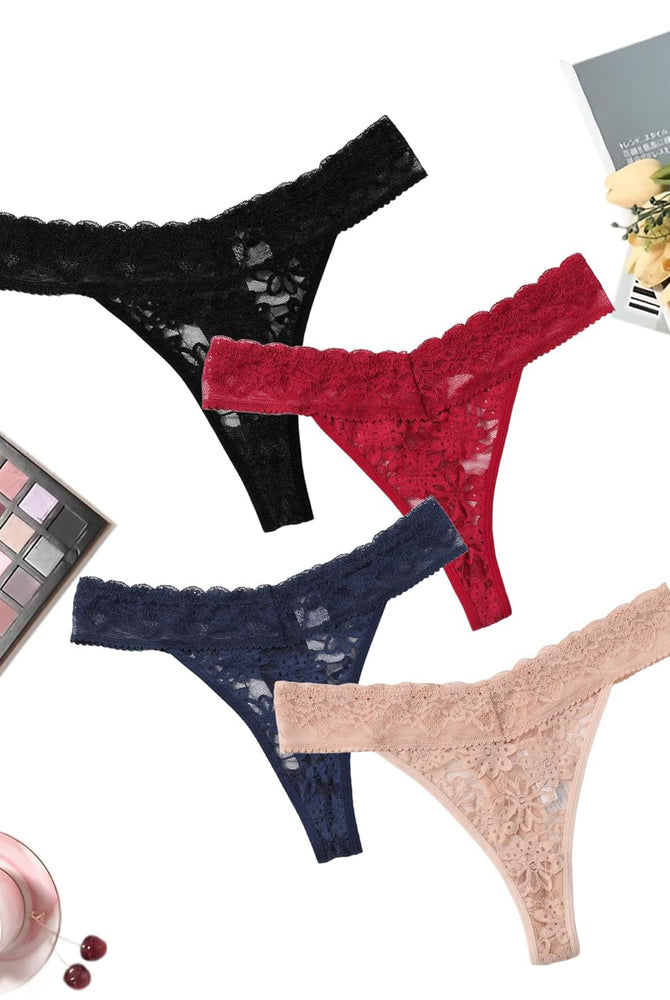 Lace low waist Brazilian panties in black, red, navy blue, and beige. Sexy lingerie for women.