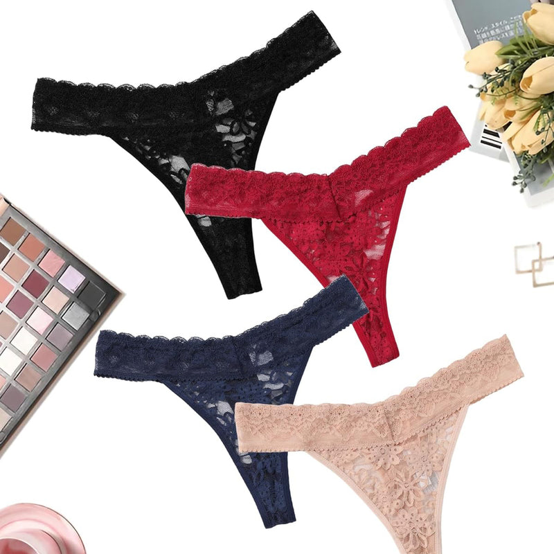 Lace low waist Brazilian panties in black, red, navy blue, and beige. Sexy lingerie for women.