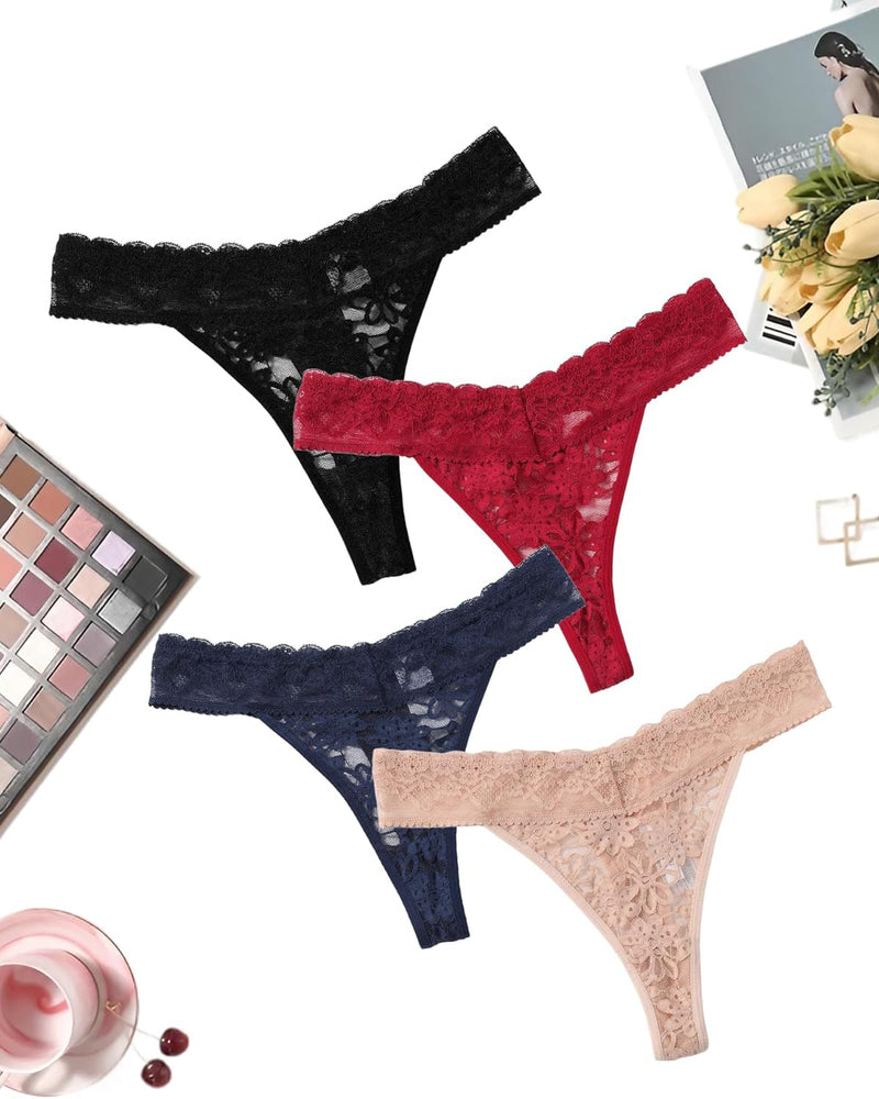 Lace low waist Brazilian panties in black, red, navy blue, and beige. Sexy lingerie for women.