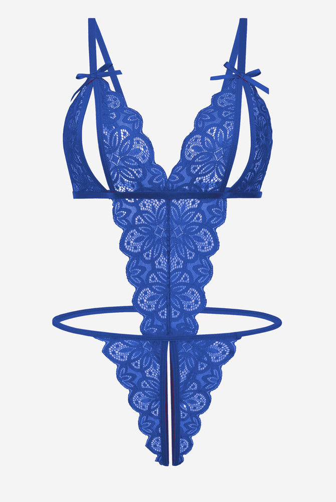 Blue lace bodysuit with open cup, backless design, and bow details. Sexy lingerie for women.