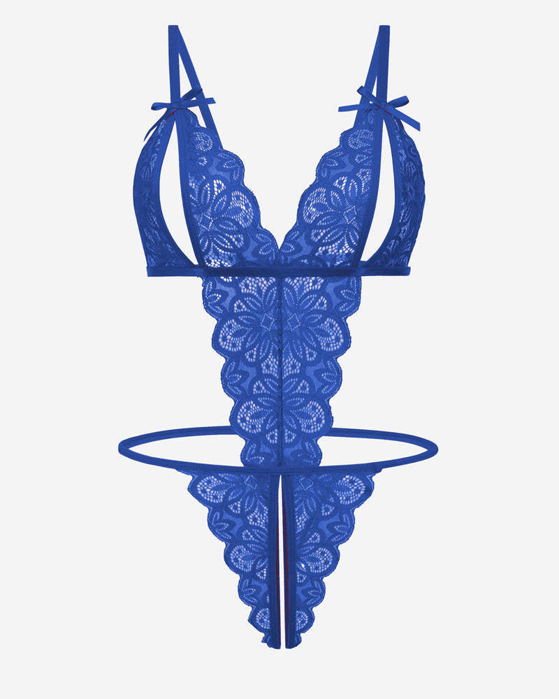 Blue lace bodysuit with open cup, backless design, and bow details. Sexy lingerie for women.