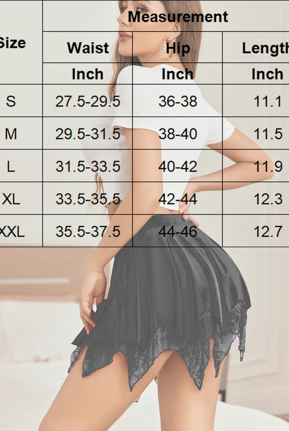 Y2k Black Asymmetrical Mini Skirt size chart with lace trim, sizes S-XXL