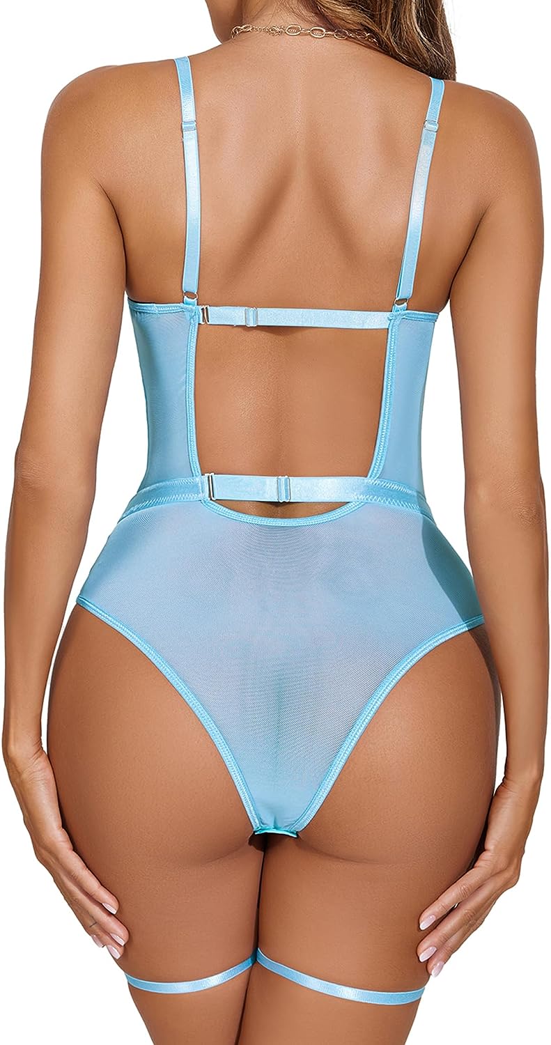 Avidlove light blue bodysuit lingerie with garter belt, adjustable straps, and a flattering cut.