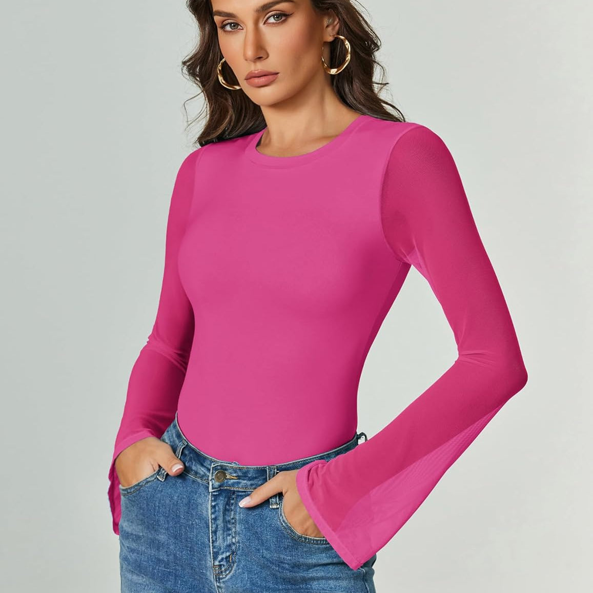 Bell Long Sleeve Bodysuits Mesh Leotard Tops