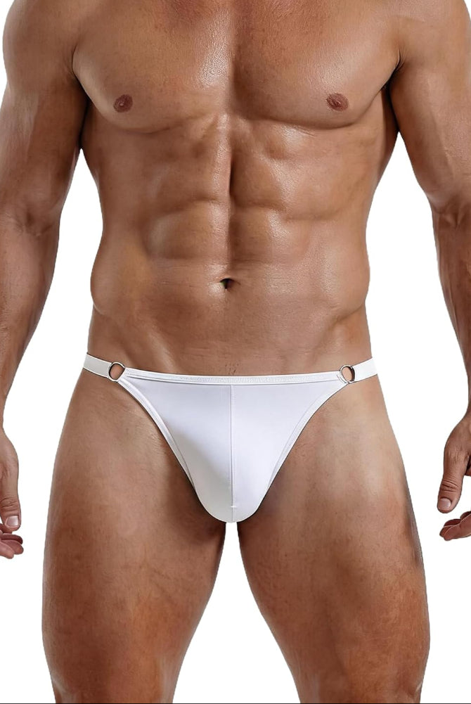 Men's low-rise thong underwear in white, T-back cut with ring strap details