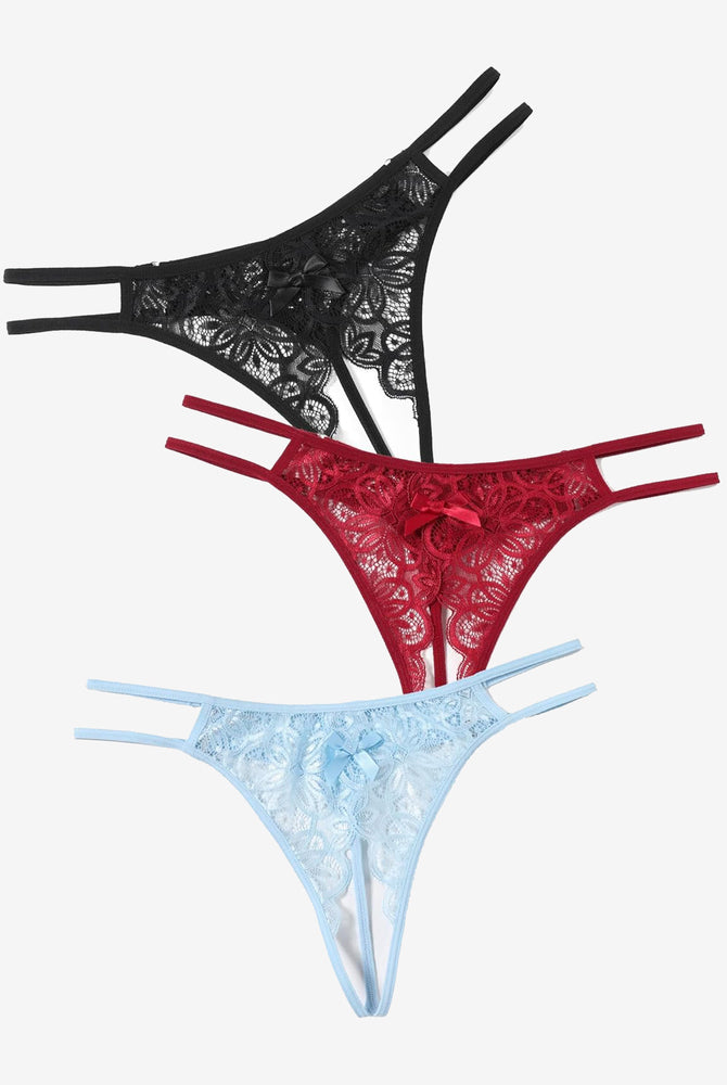 Floral lace briefs in black, red, and light blue. Sexy low-rise design with bow detail.