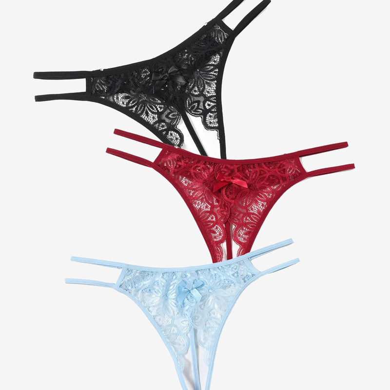 Floral lace thong briefs set with cute bow, in black, red, and light blue