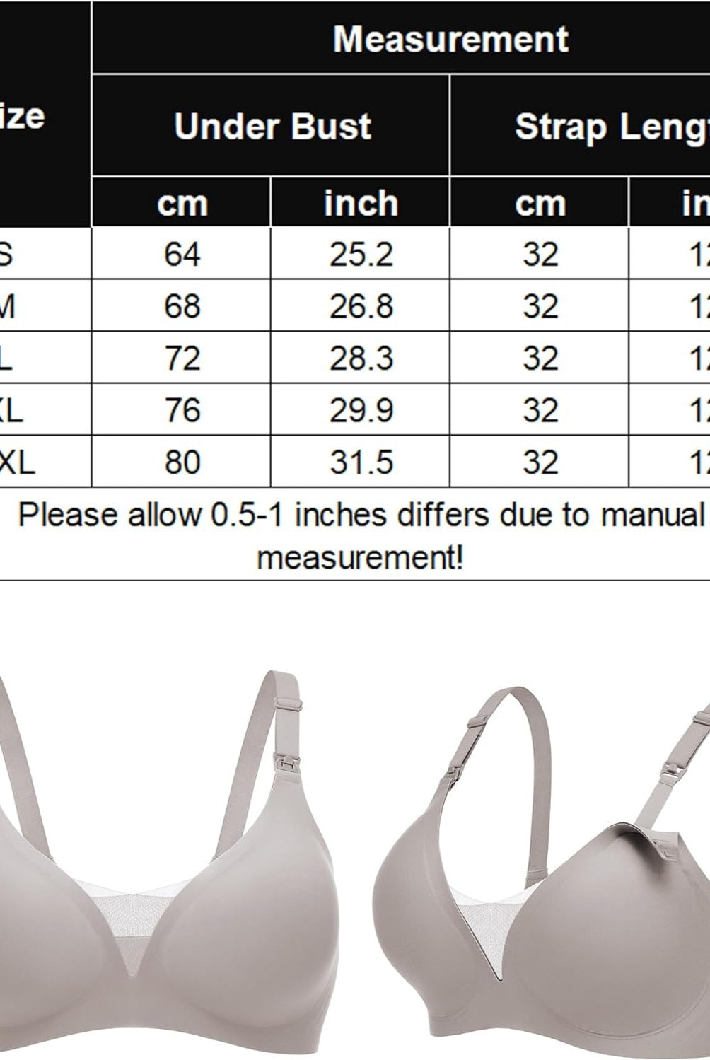Nursing bra size chart and taupe wireless nursing bra, discreet breastfeeding support, measurements